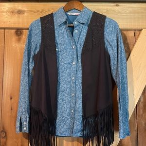 Blue Paisley Button-Up Shirt with Black Fringe Vest